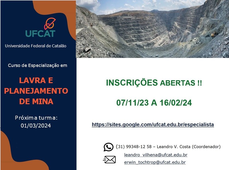 Abertas as inscrições para a Especialização em Lavra e Planejamento de Mina - Turma 2024