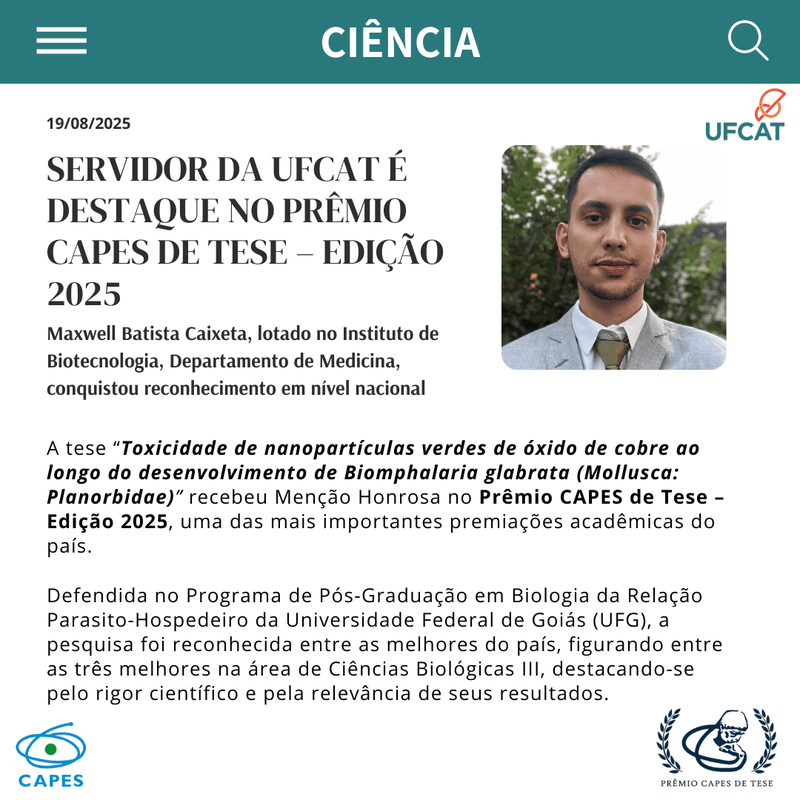 Servidor do IBiotec/UFCAT é destaque na edição 2025 do Prêmio CAPES de Tese